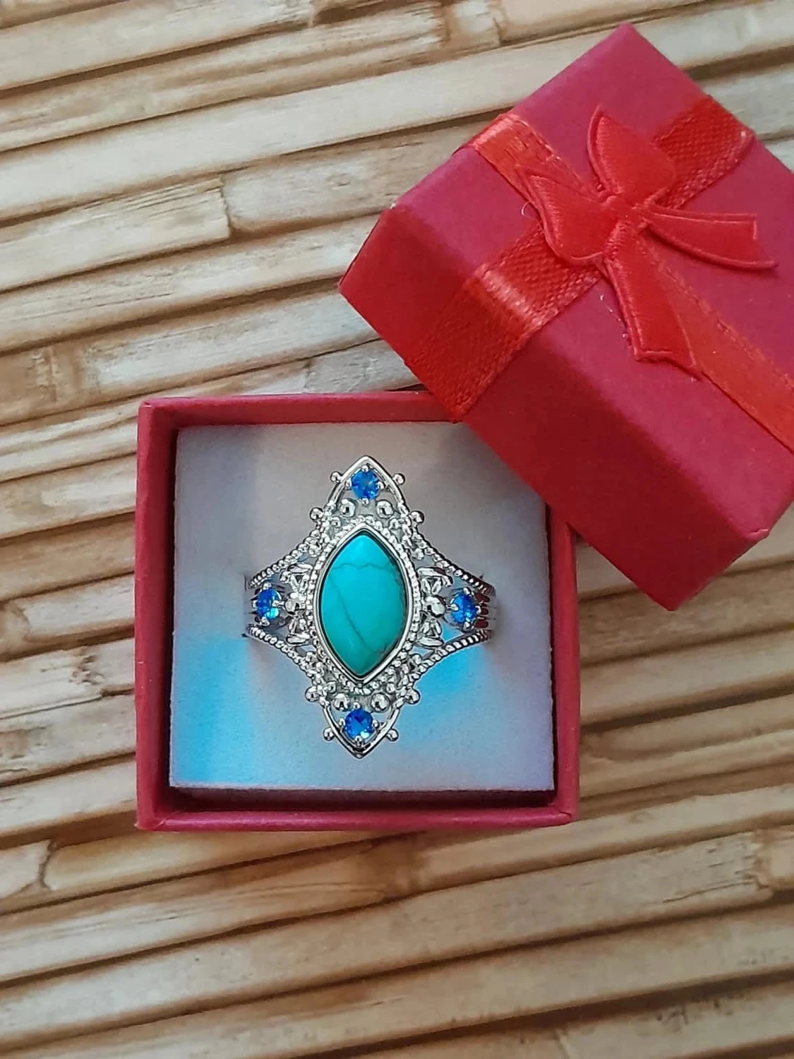 Bague argentée, Pierre turquoise, style Bohème strass, Taille 60